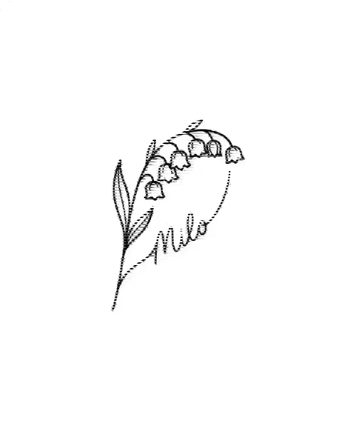 A minimal tattoo design of a single lily of the valley with the name Milo on its stem