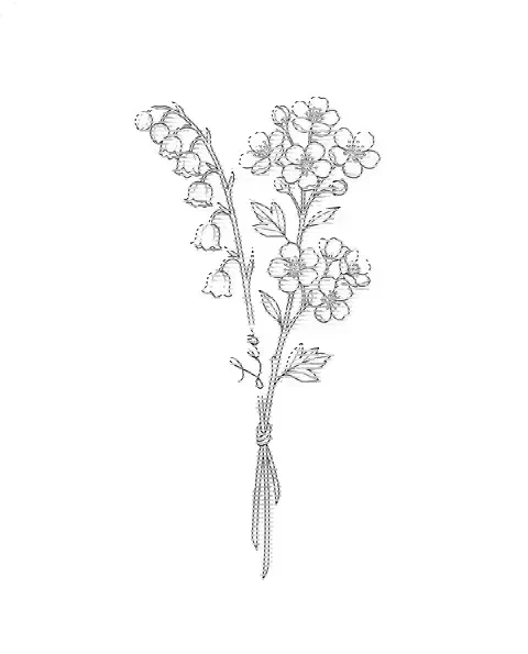 A fine-line tattoo design of lily of the valley and hawthorn tied together, with the name Leo on a stem