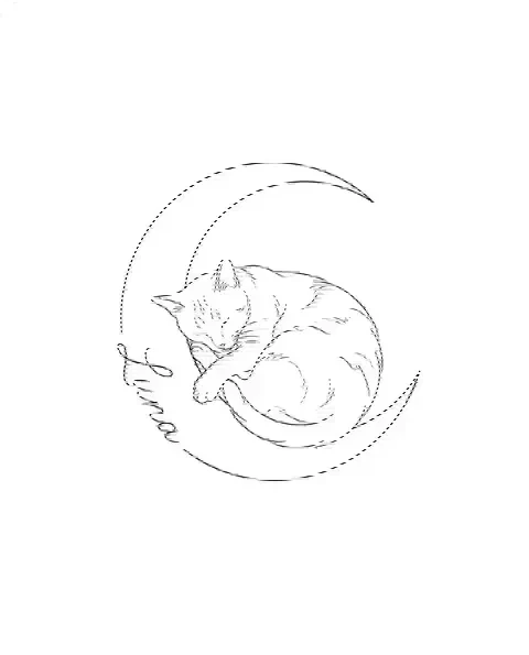 A fine-line memorial tattoo design of a cat curled in a crescent moon, with the lettering Luna