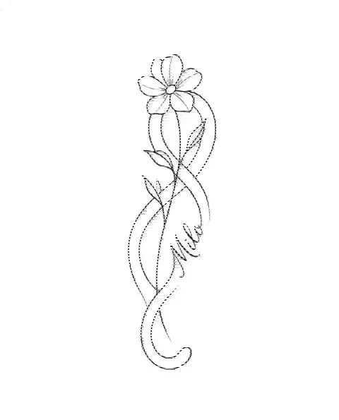 A fine-line memorial tattoo design of a cat's tail around a flower, with the lettering Milo