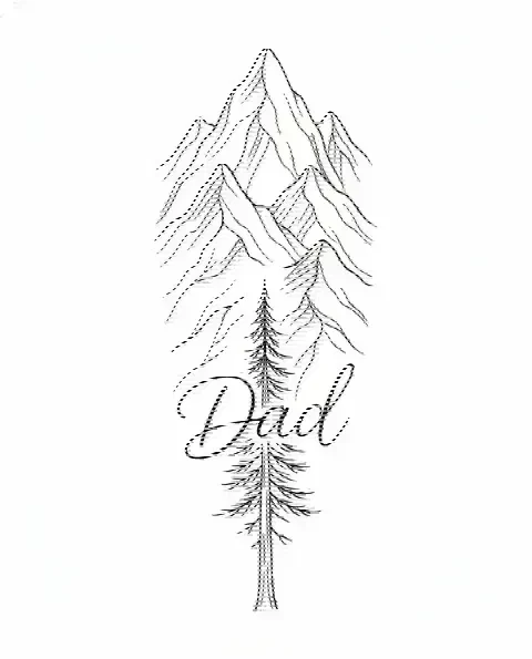 A fine-line memorial tattoo design of a mountain range and a pine tree, with the lettering Dad