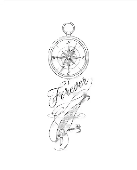 A fine-line memorial tattoo design of a compass and a fishing lure, with the lettering Forever