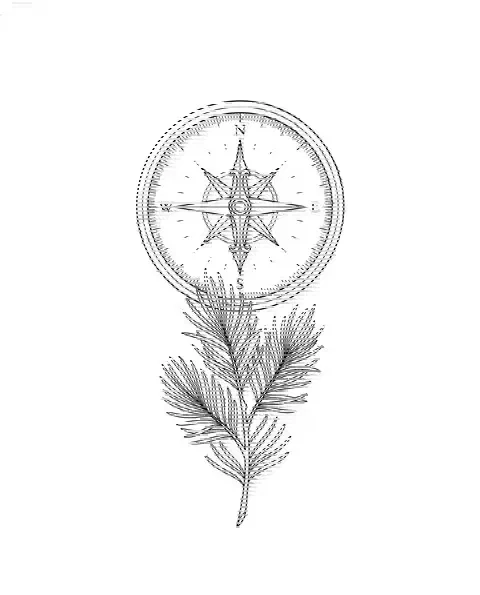 A fine-line memorial tattoo design of a compass with a sprig of pine