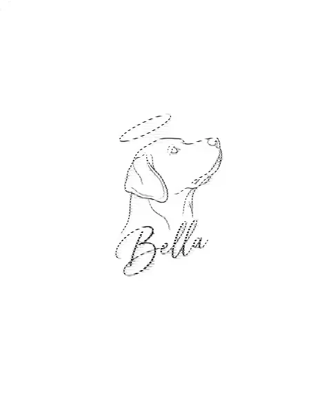 A fine-line memorial tattoo design of a dog's head outline with a halo, with the lettering Bella