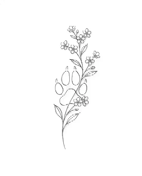A fine-line memorial tattoo design of a paw print with a sprig of forget-me-nots