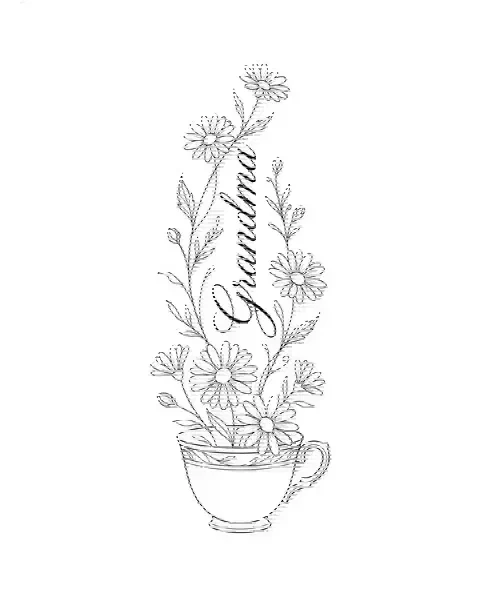 A fine-line memorial tattoo design of a teacup with daisies, with the lettering Grandma