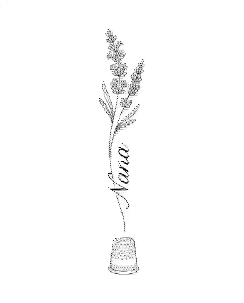 A fine-line memorial tattoo design of lavender and a thimble, with the lettering Nana