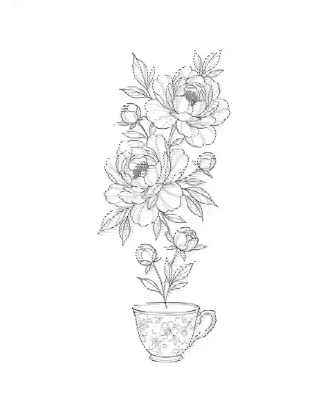 A fine-line memorial tattoo design of peonies and a small teacup