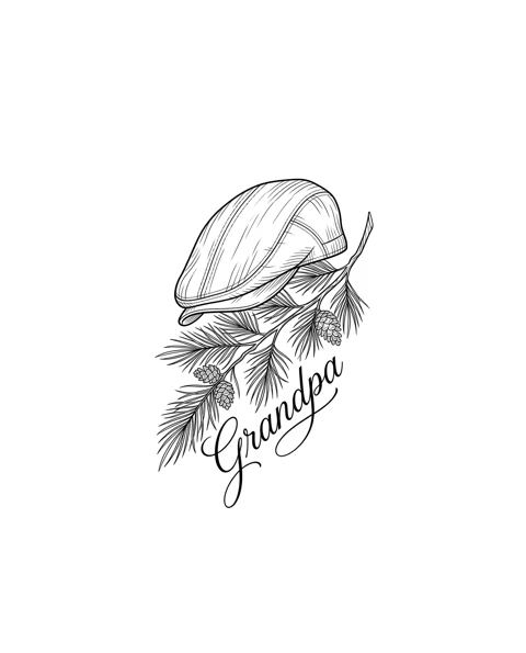 A fine-line memorial tattoo design of a flat cap resting on a sprig of pine, with the lettering Grandpa