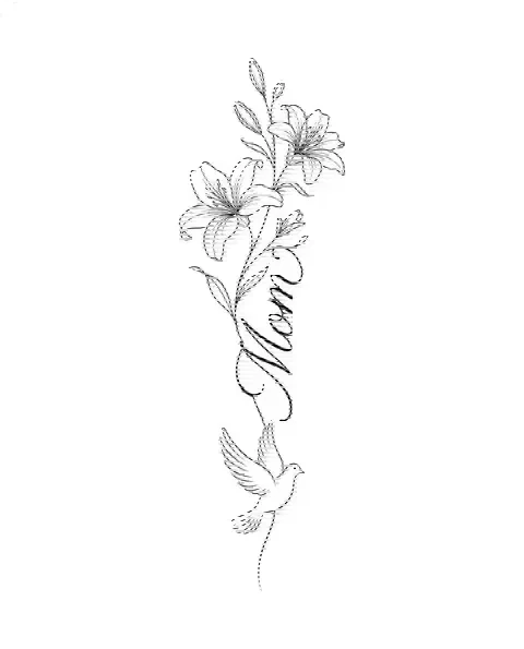 A fine-line memorial tattoo design of lilies and a small dove, with the lettering Mom