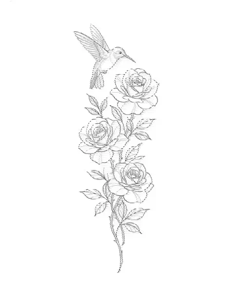 A fine-line memorial tattoo design of roses and a hummingbird