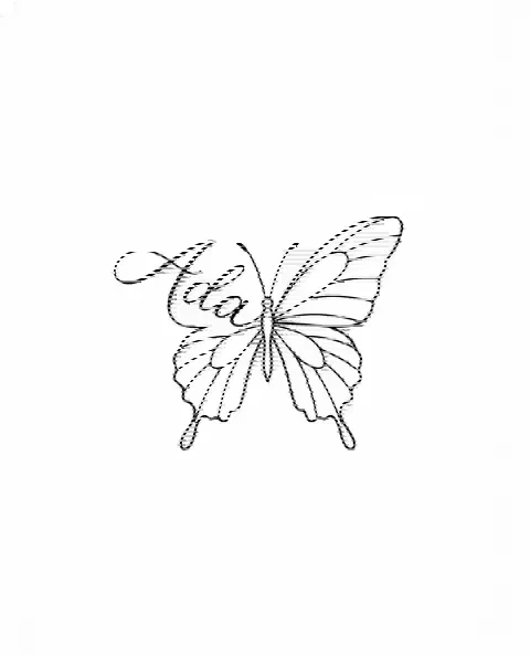 A fine-line tattoo design of a small butterfly for the hand, with the lettering Ada
