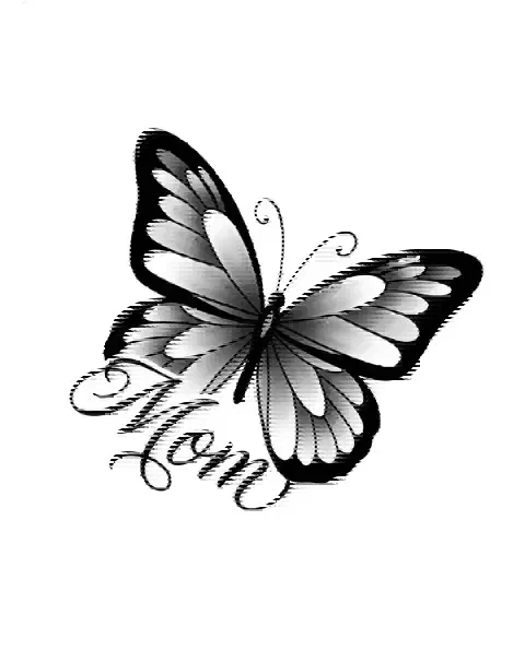 A black-and-grey tattoo design of a shaded butterfly for the shoulder, with the lettering Mom