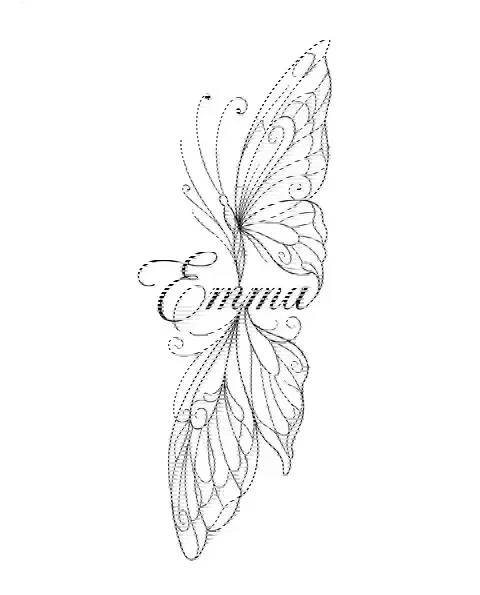 A fine-line tattoo design of a butterfly for the forearm, with the lettering Emma