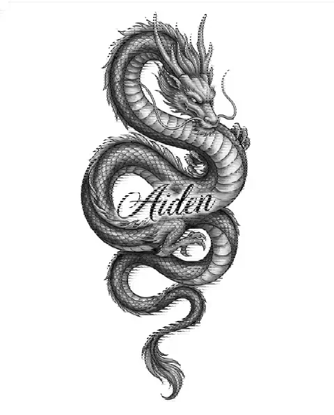 A black-and-grey tattoo design of a coiled dragon for the leg, with the lettering Aiden
