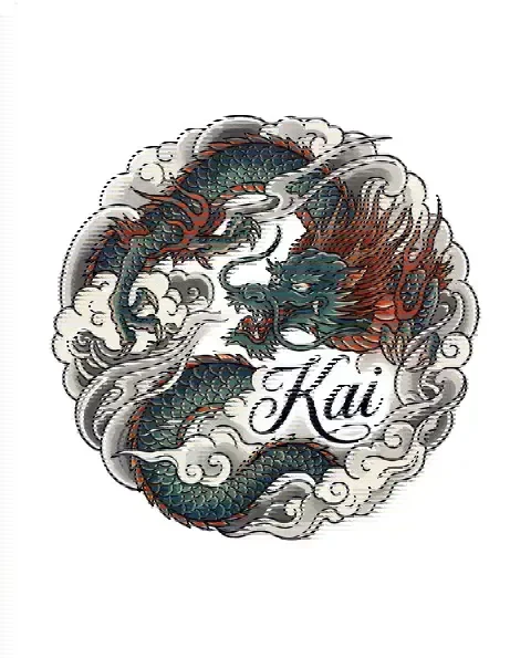 A Japanese tattoo design of a dragon among clouds for the shoulder, with the lettering Kai