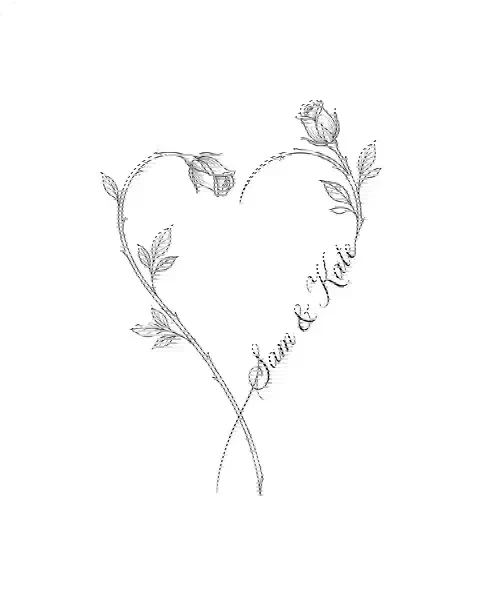 A fine-line tattoo design of a heart made of two rose stems for the forearm, with the lettering Sam & Kate