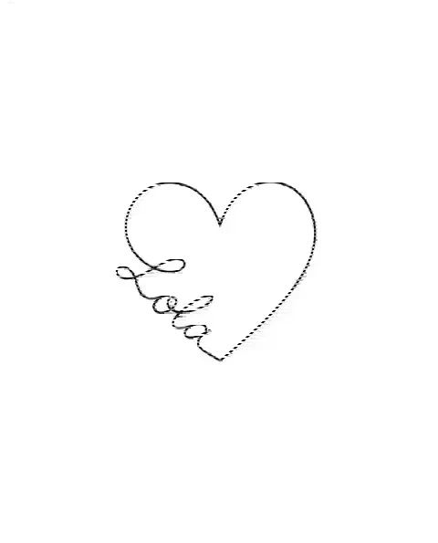 A fine-line tattoo design of a single-line heart for the wrist, with the lettering Lola