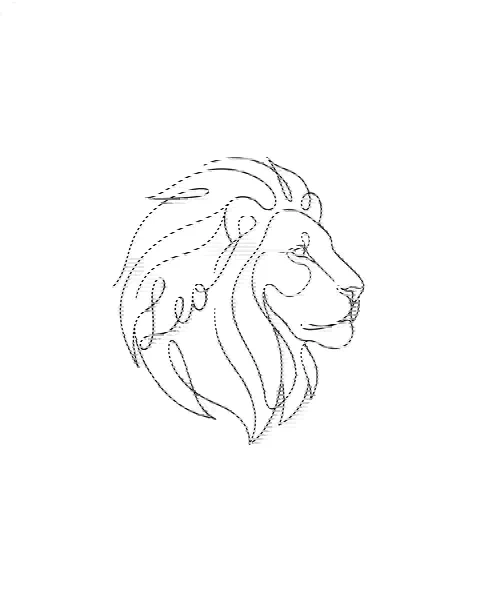 A fine-line tattoo design of a single-line lion for the shoulder, with the lettering Leo