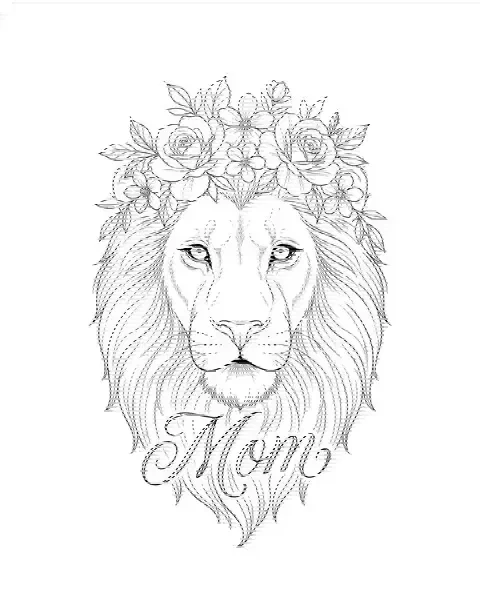A fine-line tattoo design of a lion with a crown of flowers for the leg, with the lettering Mom