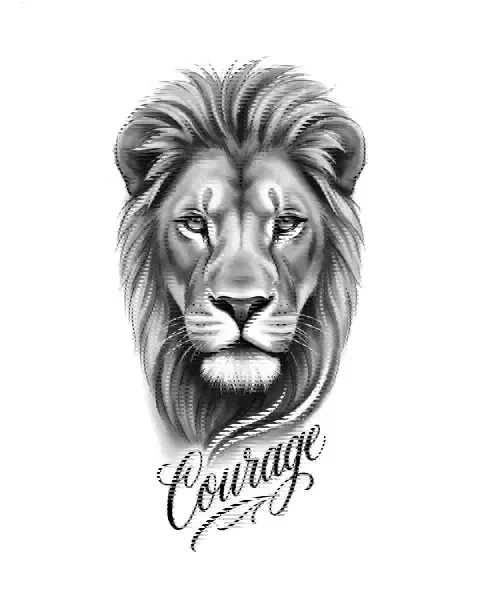 A black-and-grey tattoo design of a lion's head for the forearm, with the lettering Courage
