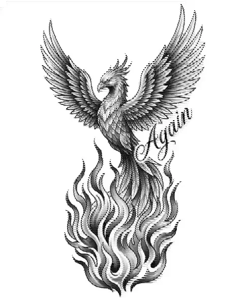 A black-and-grey tattoo design of a phoenix rising from flames for the forearm, with the lettering Again
