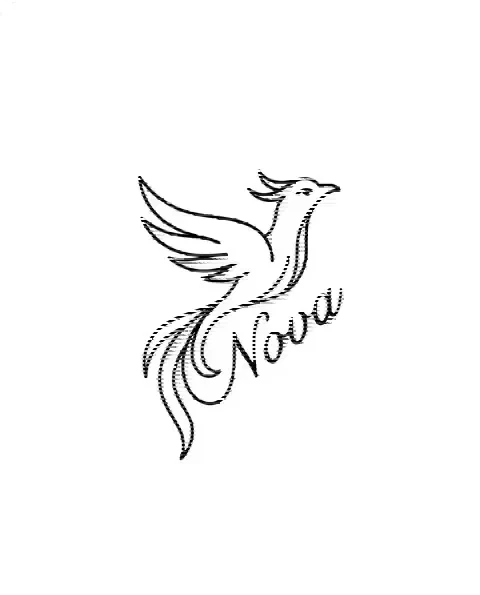 A minimal tattoo design of a small phoenix for the wrist, with the lettering Nova