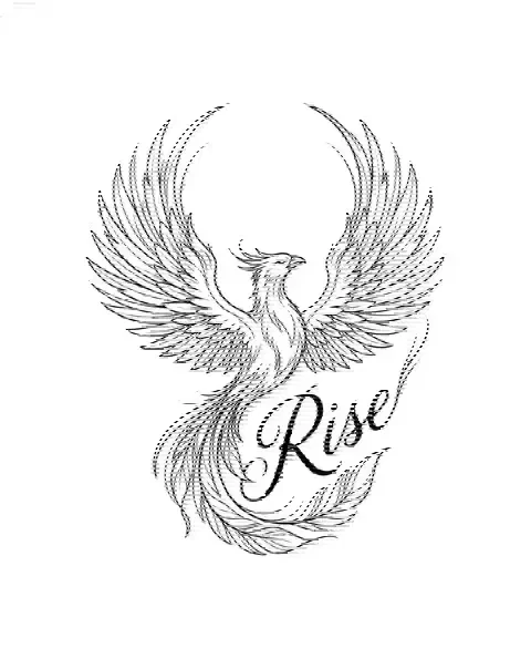 A fine-line tattoo design of a phoenix with open wings for the shoulder, with the lettering Rise