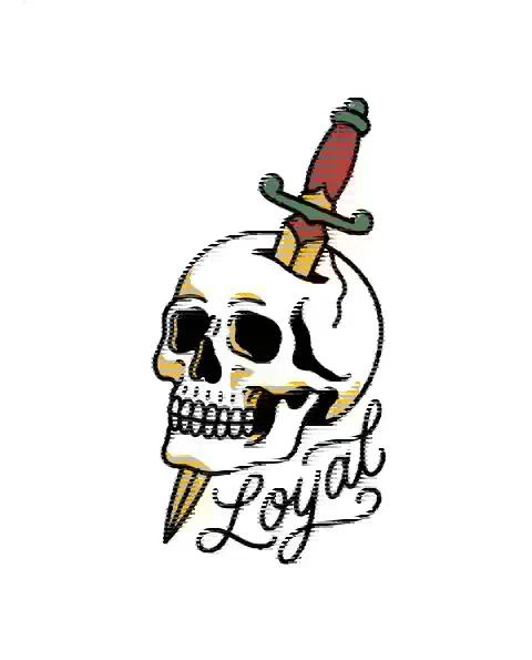An American traditional tattoo design of a skull with a dagger for the shoulder, with the lettering Loyal