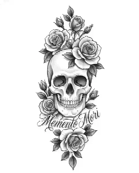 A black-and-grey tattoo design of a skull with roses for the forearm, with the lettering Memento Mori