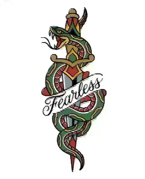 An American traditional tattoo design of a snake and a dagger for the leg, with the lettering Fearless