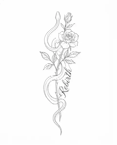 A fine-line tattoo design of a snake around a rose stem for the forearm, with the lettering Rebirth