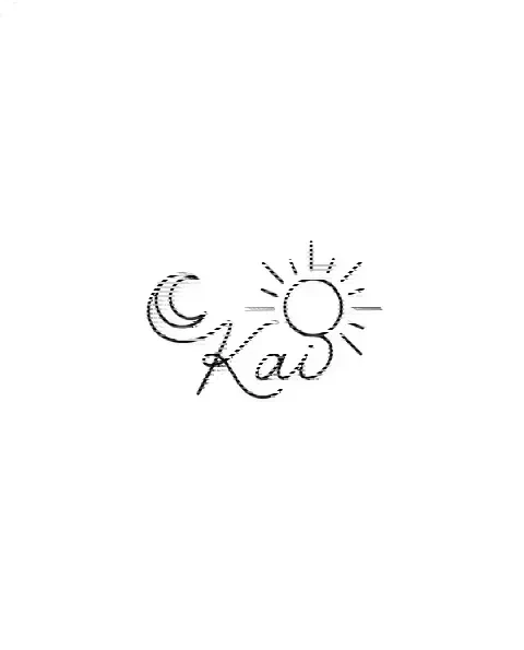 A minimal tattoo design of a tiny sun and moon for the wrist, with the lettering Kai
