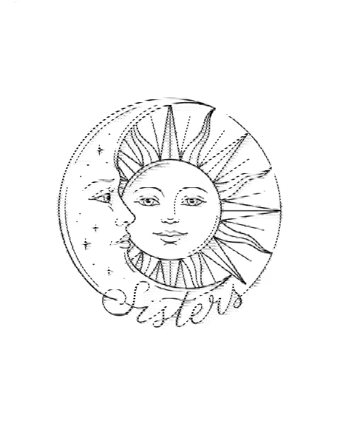 A fine-line tattoo design of a sun and moon for the shoulder, with the lettering Sisters