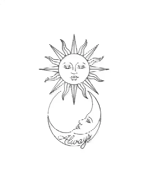 A fine-line tattoo design of a sun and a crescent moon facing each other for the forearm, with the lettering Always