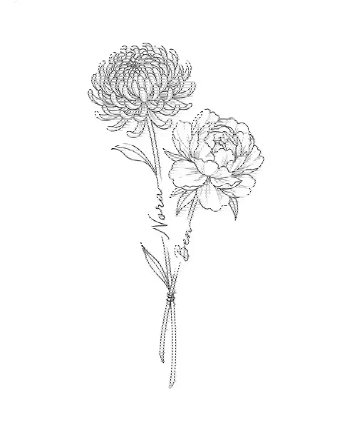 A fine-line tattoo design of chrysanthemum and peony tied together, with the names Nora and Ben on the stems