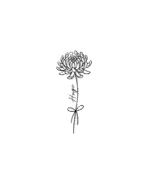A minimal tattoo design of a single chrysanthemum with the name Hugo on its stem