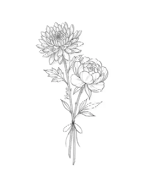 A fine-line tattoo design of chrysanthemum and peony tied together, with the name Nora on a stem