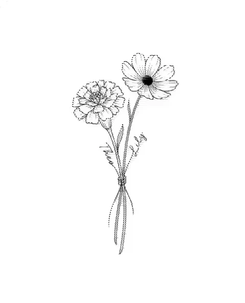 A fine-line tattoo design of marigold and cosmos tied together, with the names Theo and Lily on the stems