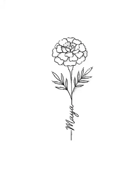A minimal tattoo design of a single marigold with the name Maya on its stem