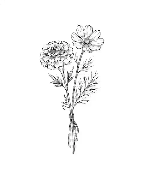 A fine-line tattoo design of marigold and cosmos tied together, with the name Theo on a stem