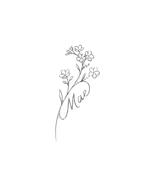 A fine-line tattoo design of a small sprig of forget-me-nots for the spot behind the ear, with the lettering Mae