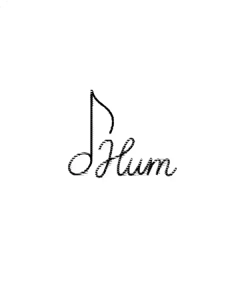 A minimal tattoo design of a tiny musical note for the spot behind the ear, with the lettering Hum