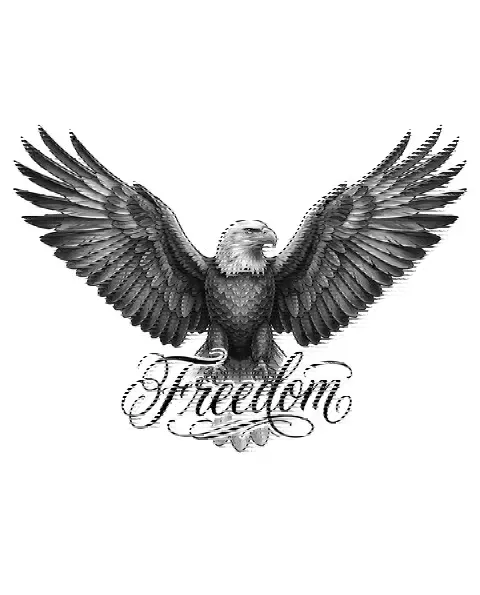 A black-and-grey tattoo design of an eagle with open wings for the chest, with the lettering Freedom