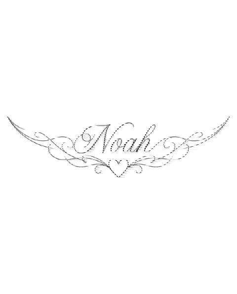 A fine-line tattoo design of a name with a small heart for the chest, with the lettering Noah