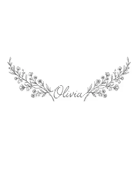 A fine-line tattoo design of a small sprig of flowers for the chest, with the lettering Olivia