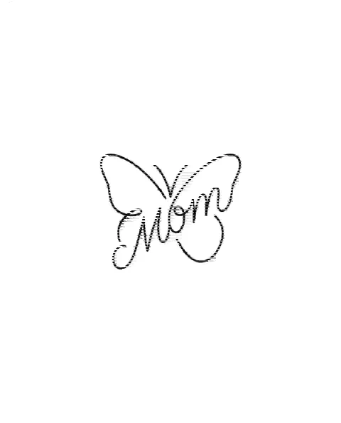A minimal tattoo design of a tiny butterfly for the finger, with the lettering Mom