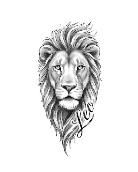 A black-and-grey tattoo design of a lion's head for the forearm, with the lettering Leo