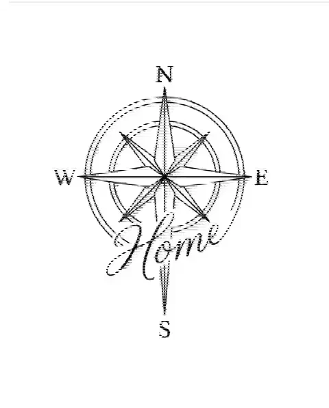 A fine-line tattoo design of a compass for the forearm, with the lettering Home