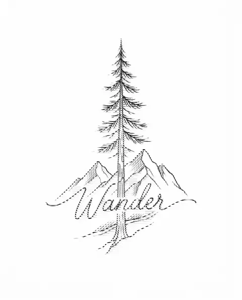 A fine-line tattoo design of a mountain range and a pine tree for the forearm, with the lettering Wander